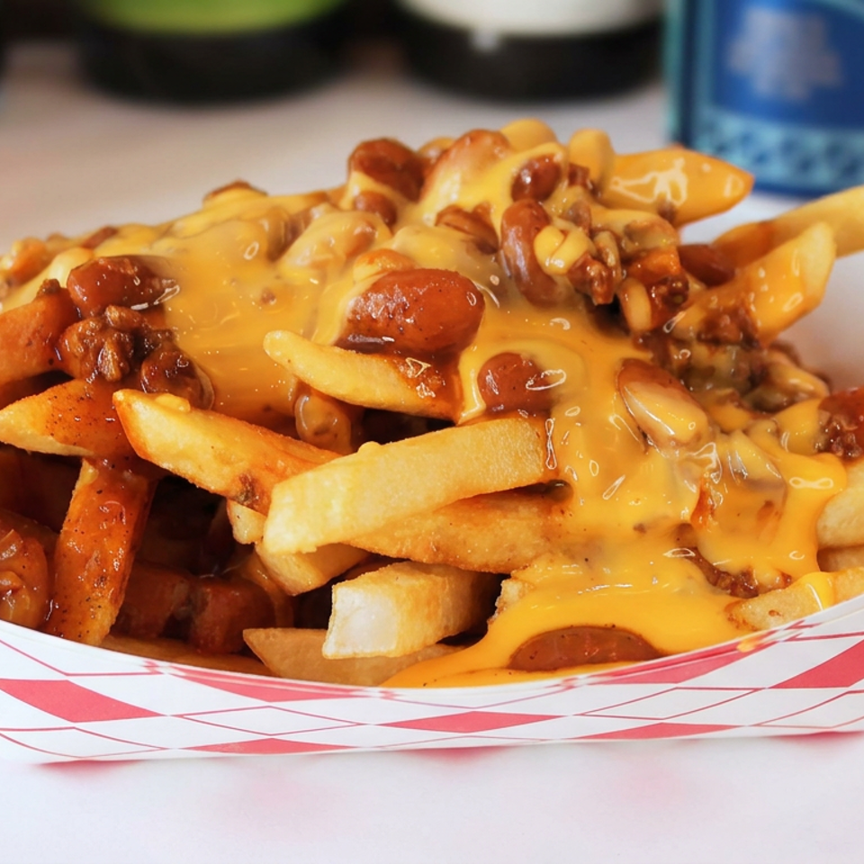 Crispy fries topped with melted cheese, chili, and beans served in a red-and-white paper tray.
