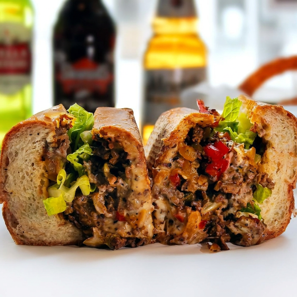 Grilled meat sandwich with lettuce, peppers, onions, and melted cheese, served on a counter with beverage bottles in the background.