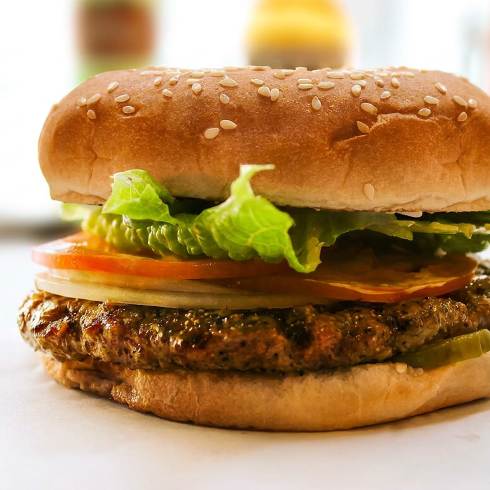 Juicy grilled burger on a sesame bun with lettuce, tomato, onion, pickles, and sauce, photographed on a bright table.